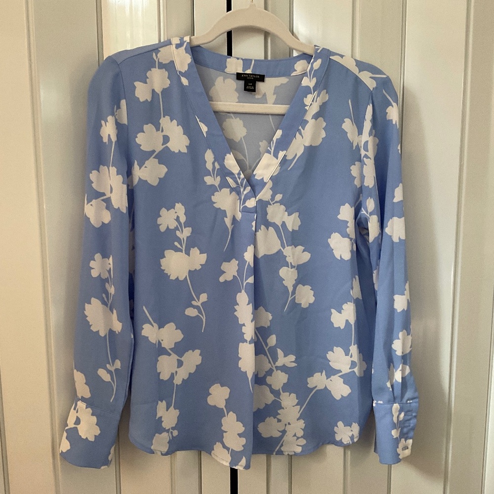 Ann Taylor Sky Blue and White Floral Blouse